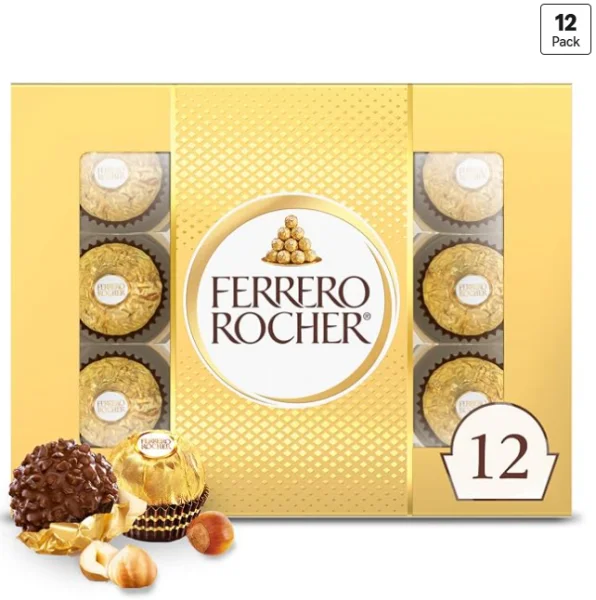 Ferrero Rocher Premium Gourmet Milk Chocolate Hazelnut Box (12-Count, 5.3oz)