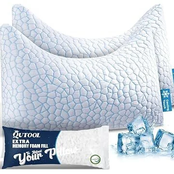 Qutool Crescent Shaped Shredded Memory Foam Cooling Queen Size Pillow (2-Pack)