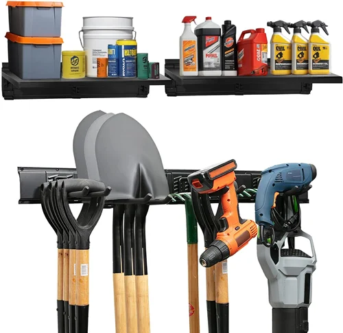 Tidyme 8.5"x64"x4" 2 Shelves 4-Single Hooks Wall Mount Garage Tool Organizer