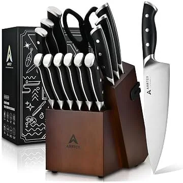 Arrtcy 15Pcs German Steel Kitchen Knife Set (Built-in Sharpener)