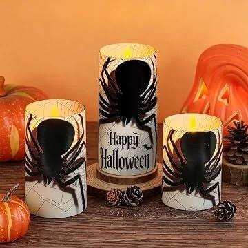 SupBri Flickering Halloween Spider Theme Flameless LED Pillar Candles (3-Pack)