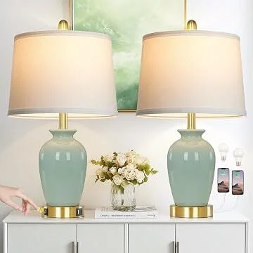 Cinkeda 23" Corded Pot Design Ceramic Table Lamp (2-Pack) w/ Metal Base, USB Charger