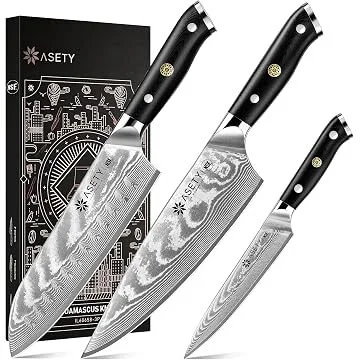 Asety 67-Layer Damascus Forged Pattern Japanese Sharp Kitchen Knife 3Pcs Set